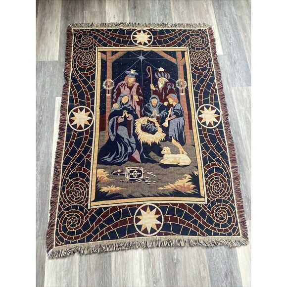 Vintage Crown Crafts Tapestry 43X54IN + 2" Fringe Nativity Scene Throw, Blanket. - Picture 1 of 7